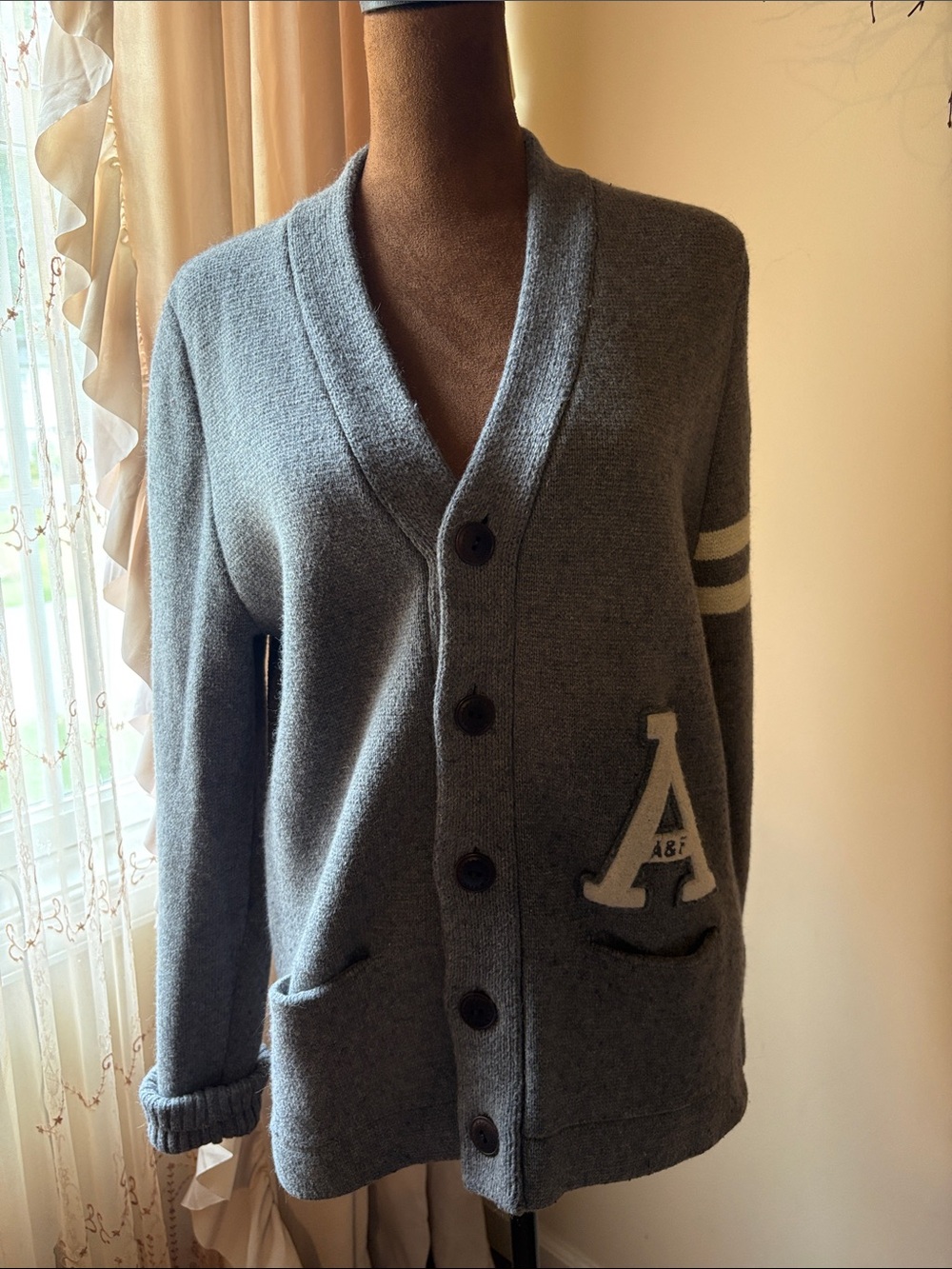 Abercrombie and Fitch Gray Letterman-Style Cardigan with 'A' Patch